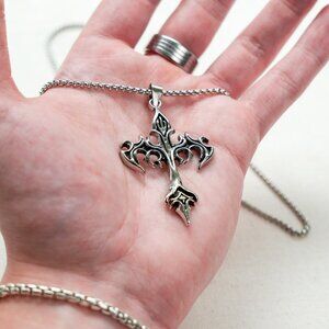 Gothic flame y2k silver cross pendant necklace